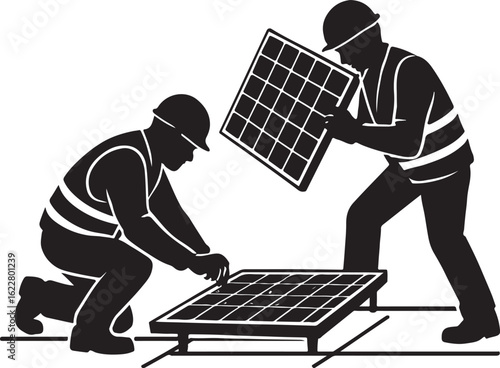 Two workers in hard hats and vests installing solar panels on a white background solar panel installation