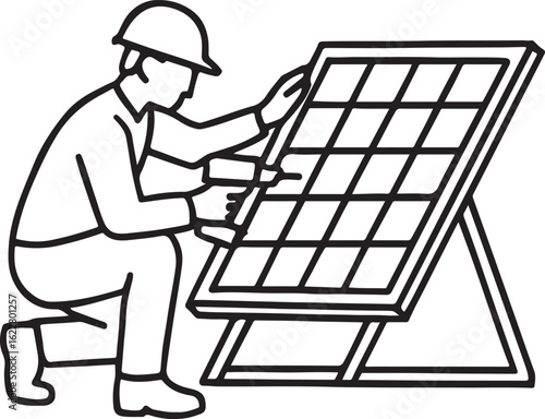 Line art illustration of a person installing a solar panel with a drill installation worker