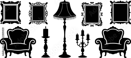 Ornate frames and antique furniture with decorative lighting armchair black
