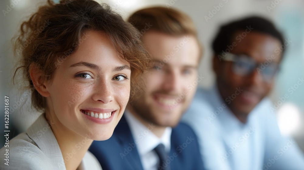 Collaboration and Success: A close-up captures the smiles of three business individuals, exemplifying the essence of team spirit, collaboration, and achievement. Collaboration and Success: A close-up captures the smiles of three business individuals, exemplifying the essence of team spirit, collaboration, and achievement.