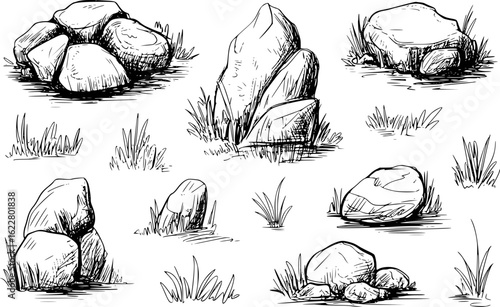 Rough sketches of natural stones and grass in black and white rocks nature