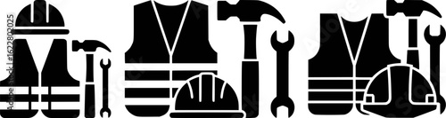 Safety vests hard hats hammers and wrenches tools