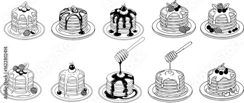Stacked pancakes with berries and syrup drizzled from honey dippers breakfast
