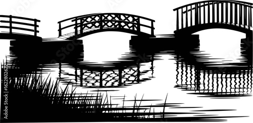 Three arched wooden bridges reflected in water with reeds reflection