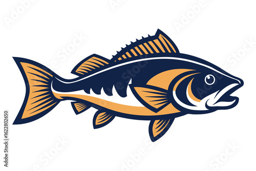 Stylized Dark Blue and Gold Fish Illustration with Jagged Dorsal Fin Detail