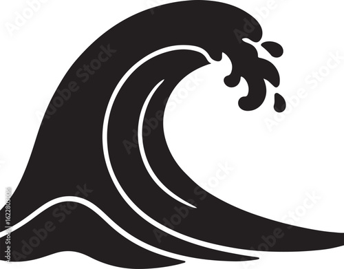 Black silhouette of a breaking ocean wave with white foam splashes water breaking wave