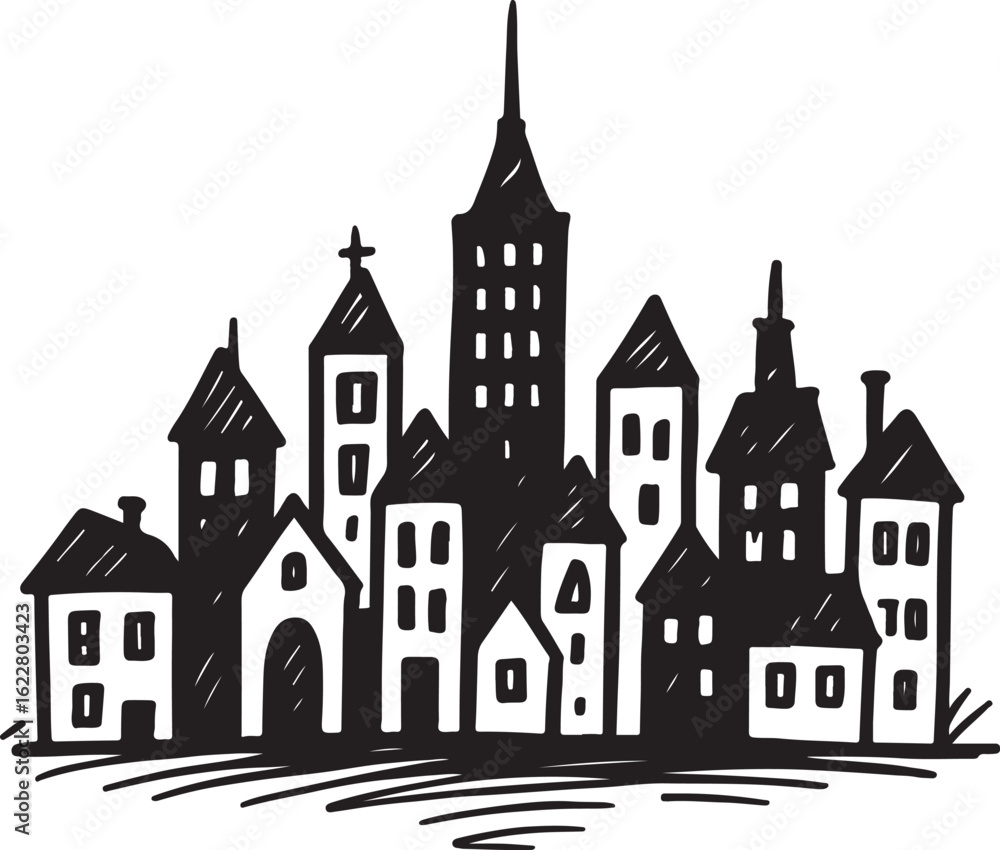 Fototapeta premium Black and white sketch of a city skyline with varied building shapes and windows buildings drawing
