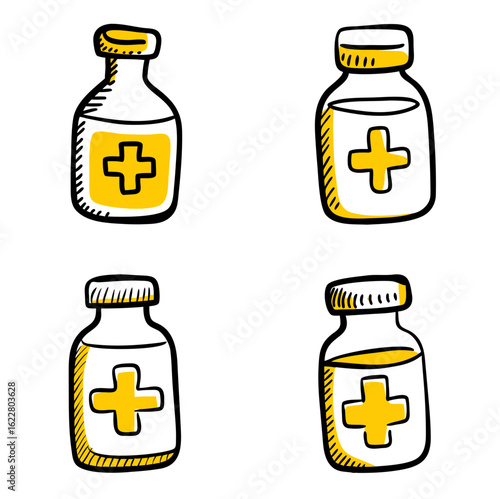 Doodle Medicine Bottles with Cross Icons, Sketch Style, Transparent Background