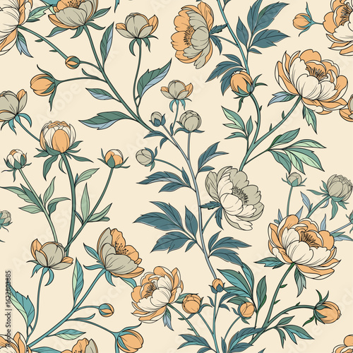 Wallpaper Mural Seamless vector pattern featuring blooming peony flowers with soft, layered petals and botanical leaves, elegant floral design perfect for textiles, wallpapers, wedding stationery, packaging, Torontodigital.ca