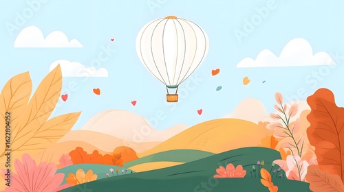 Romantic Hot Air Balloon Autumn Landscape Illustration