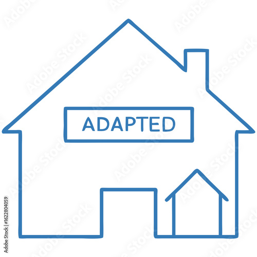House icon with inscription 'adapted' in minimalist blue design  