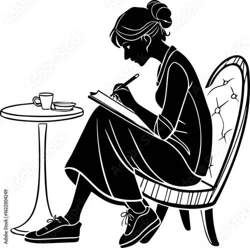 Creative Woman Writing or Sketching at Cafe Table