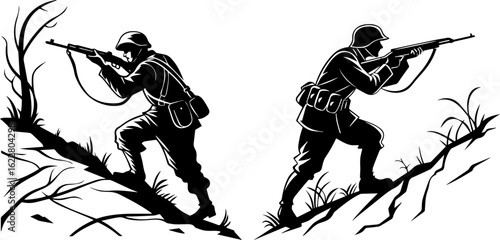 Combat Soldier Silhouettes: Military Action and Wartime Figures