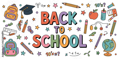 Back to school illustration with educational icons—featuring vibrant supplies, academic symbols, and playful decor for seasonal school campaigns.