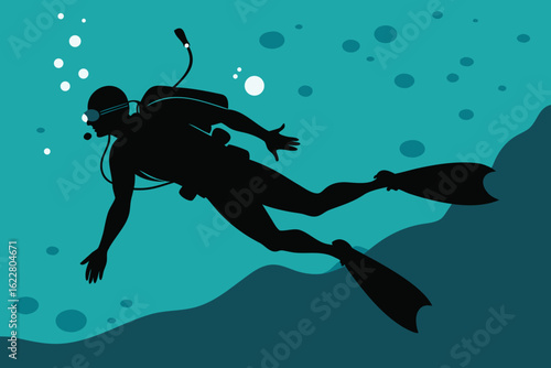 Silhouette of a scuba diver exploring the ocean depths with flippers and gear