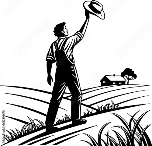 Grateful Farmer Silhouette: Man Raising Hat in Rural Field