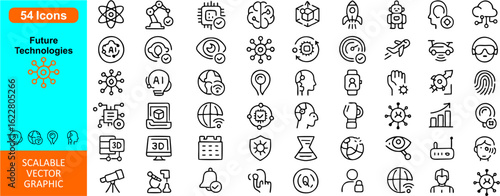 Future technologies icon set vector: modern symbols for AI, robotics, quantum computing, renewable energy, smart devices, space tech, biotech, virtual reality, automation, and digital innovation.

