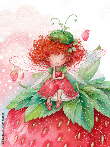 Strawberry Love Charm! A red-haired fairy in watercolor illustration, perfect for cards, decorations, and projects that seek magic and affection.