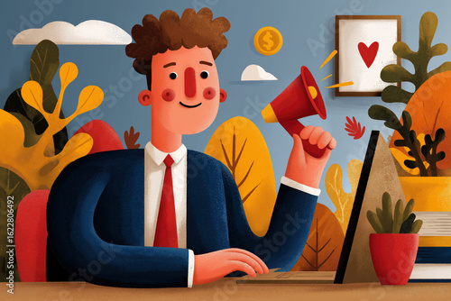Businessman Announcing with Megaphone at Desk, Autumn Office Environment, Cartoon Illustration
