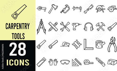 Collection of Line Art Icons: Tools for Construction, DIY, and Carpentry Projects