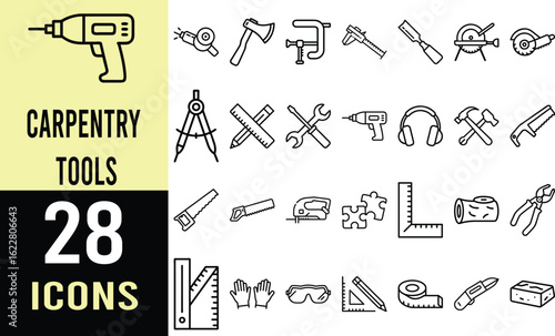 Collection of Line Art Icons: Tools for Carpentry, Construction, and DIY Projects