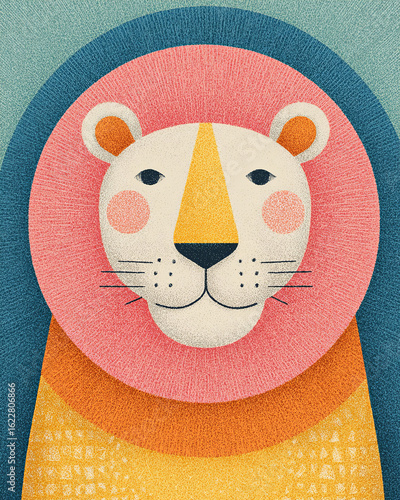 A charming illustration of a lion in pastel tones and fabric textures. The image is ideal for children's themes, cards, decor, and product design.