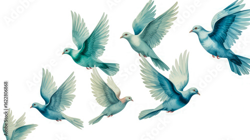 Blue and teal doves flying birds wings