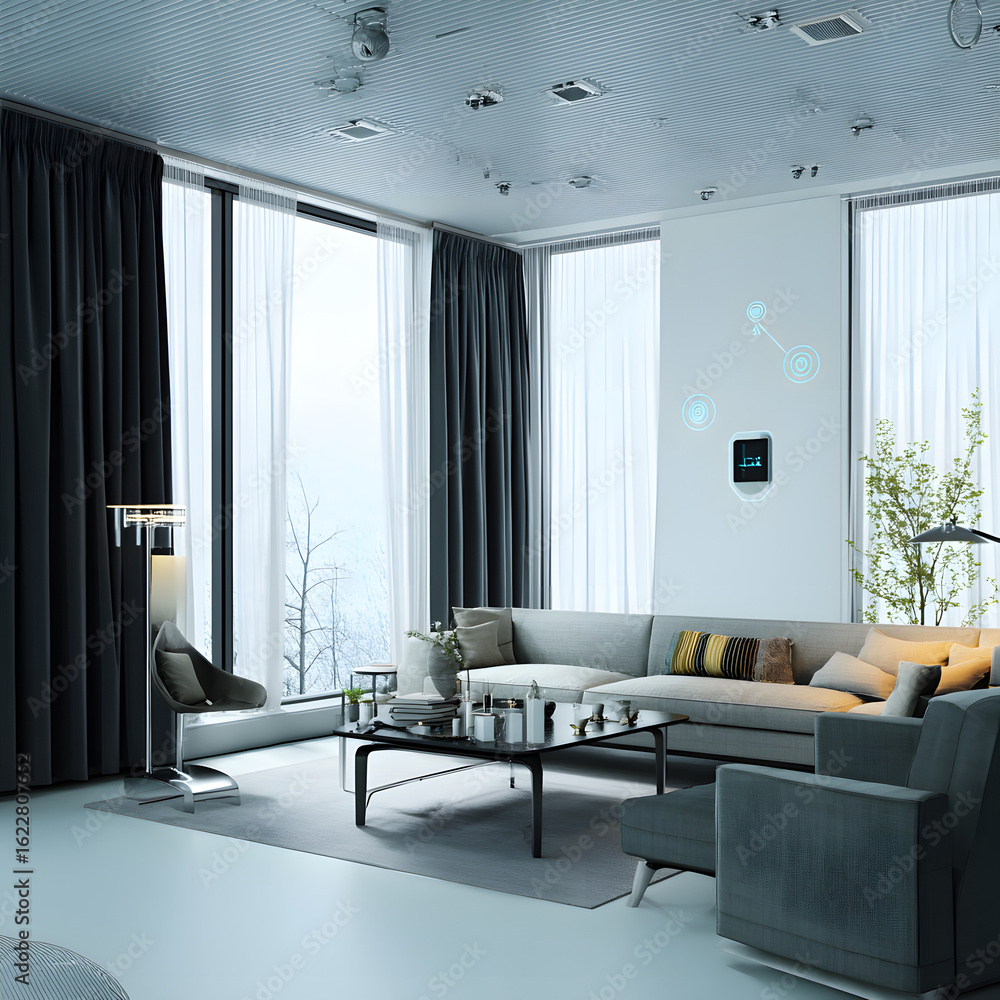 Fototapeta premium A living room with a couch, a coffee table, and a chair