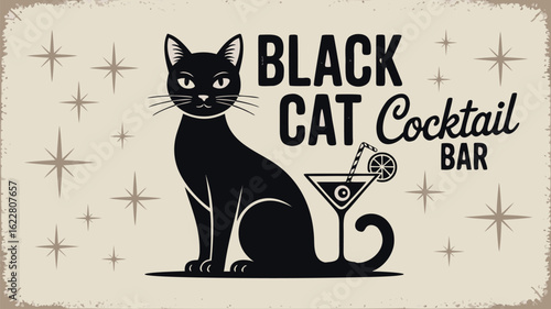 Retro Black Cat Cocktail Bar Sign Illustration with Drink and Starburst Details