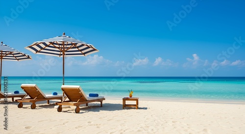 Seaside bliss with lounge chairs and striped umbrellas on a pristine sandy beach under clear skies, evoking relaxation and a vacation atmosphere.
