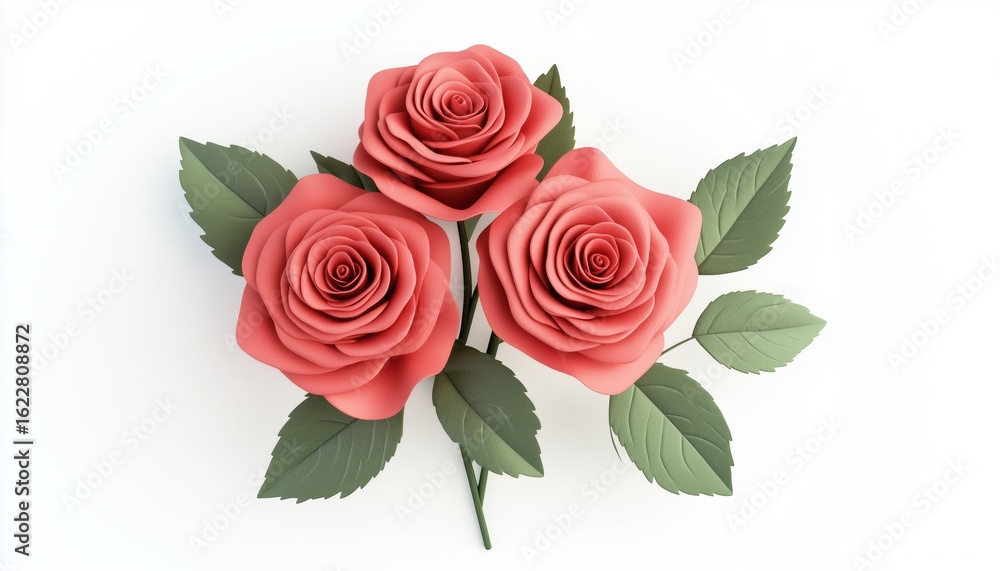 Fototapeta premium Stunning Bouquet Featuring Three Red Roses And Lush Leaves: Perfect For Wedding, Birthday, Valentine'S Day, Mother'S Day, And Other Holidays. Floral Decor For Special Occasions.