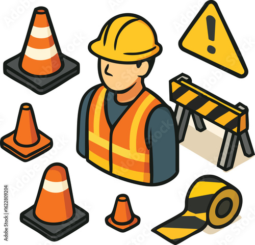 An isometric vector illustration set featuring a construction worker, traffic cones, and various safety elements for building site warnings.