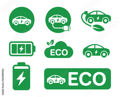 Eco-friendly electric car and battery icons—seven green designs featuring plugs, leaves, lightning bolts, and “ECO” tags for sustainability visuals.