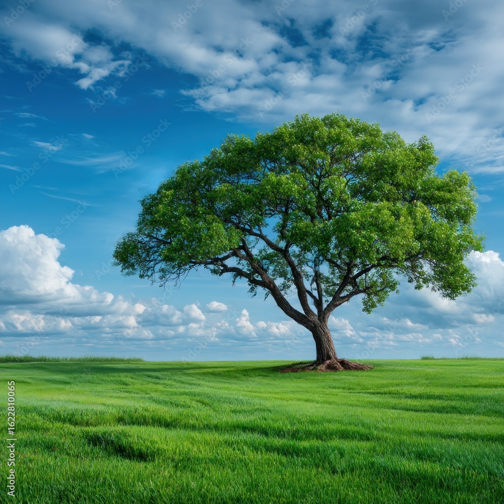 Obraz premium Lush green tree in a field under a partly cloudy sky