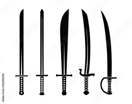 Curated sword silhouette set featuring five blade styles—ranging from straight to deeply curved—ideal for historical or martial-themed designs.