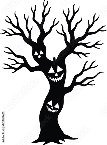Spooky Halloween tree with carved faces, a chilling silhouette design