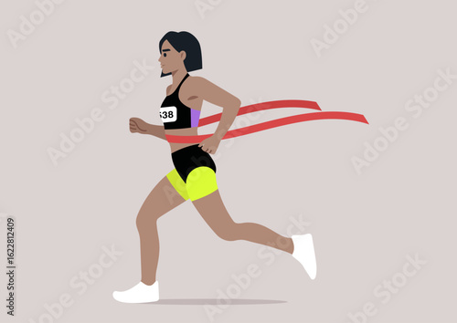 An athlete triumphantly crosses the finish line, showcasing her remarkable speed, Red ribbons flow behind as she symbolizes victory and perseverance in a thrilling marathon event