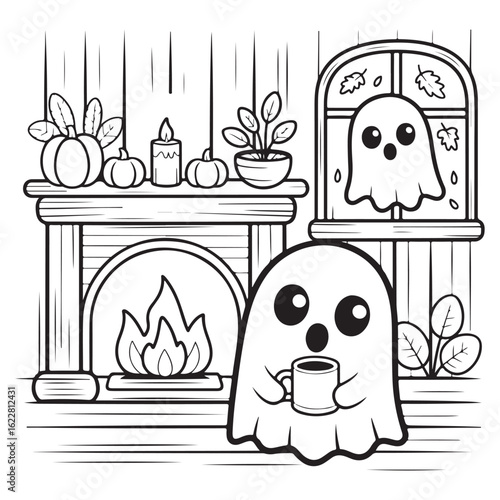 Bold and Easy Cozy Halloween Coloring Pages, Vector Illustration, Black and White, Halloween, Coloring Pages, Bold and Easy Halloween Printable, Halloween holiday, Cozy Halloween Coloring Page,