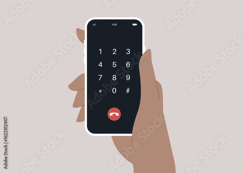 Dial screen of a modern smartphone held in a hand against a minimalist background during a casual conversation setting