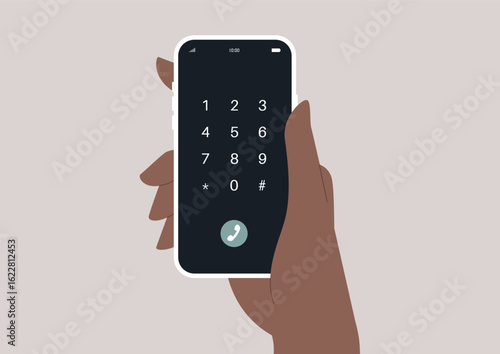 Dial screen of a modern smartphone held in a hand against a minimalist background during a casual conversation setting