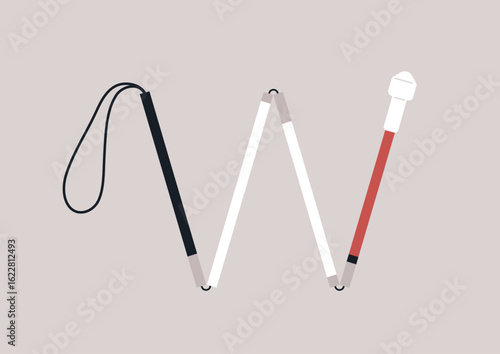 A folded white cane lies on a soft, neutral backdrop, symbolizing support and independence for visually impaired individuals, its design reflects practicality and functionality