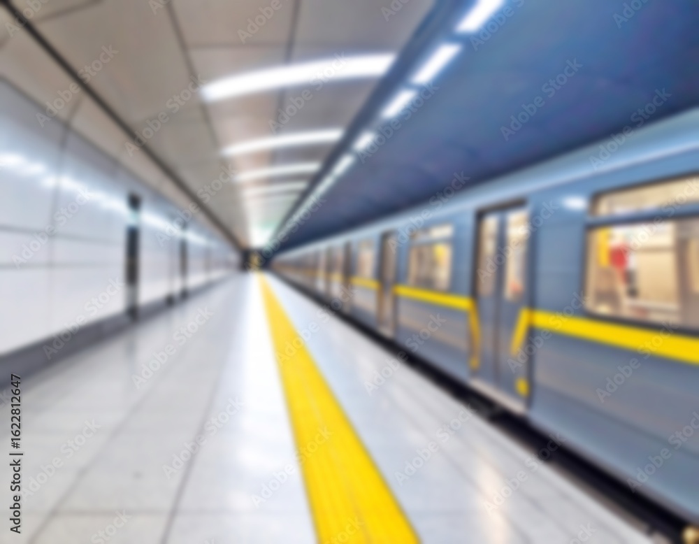 Obraz premium Blurred subway station platform with a train. A dynamic and modern urban transport background, perfect for technology and city life themes.