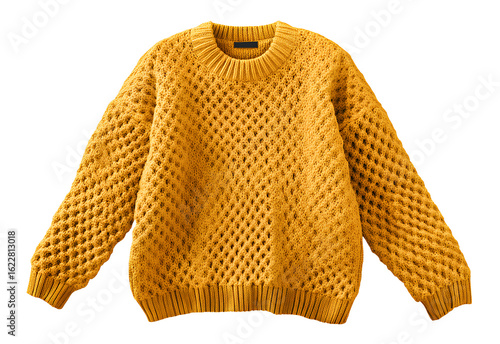 Sweater, yellow, flat lay isolated on a transparent background.