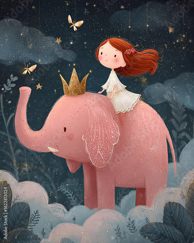 A girl and a pink elephant in the night sky, surrounded by clouds and a guiding star. Art that evokes peace and wonder.