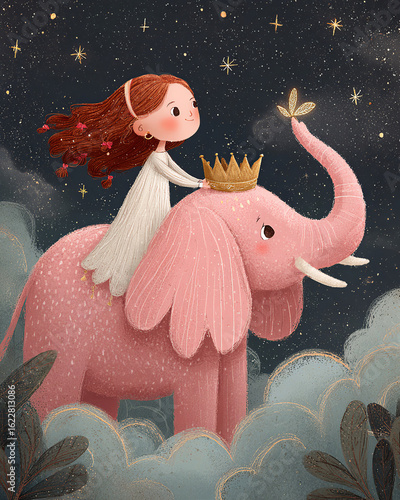 Poetic illustration: A child with a crown and white dress flying on a pink elephant. Childhood, magic, and freedom in the night sky.