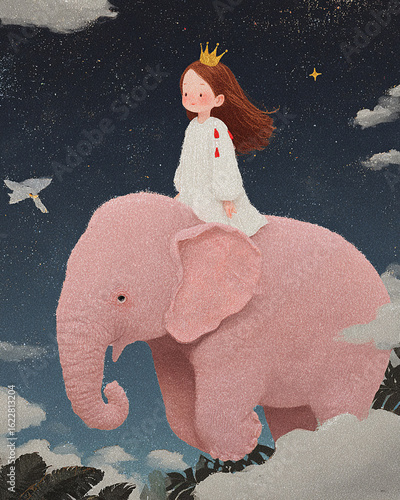 Childhood dream: Princess girl riding a pink elephant flying among clouds. Fantasy, imagination, and innocence in a magical illustration.