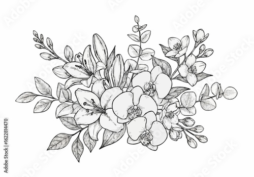Porcelain decoration design featuring lilies, jasmine flowers, and orchids (dark black)