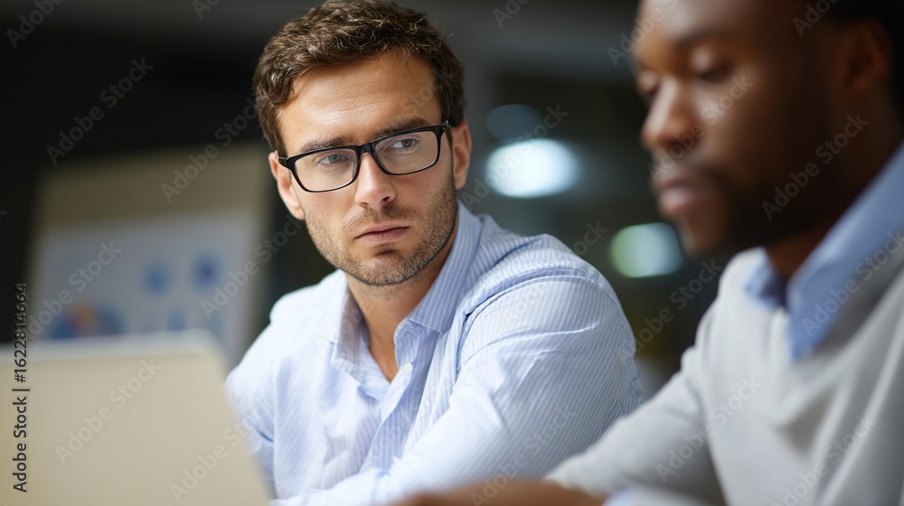 Obraz premium Focused Collaboration: Two professional individuals, immersed in their work, intently studying a laptop screen in a low-light setting.