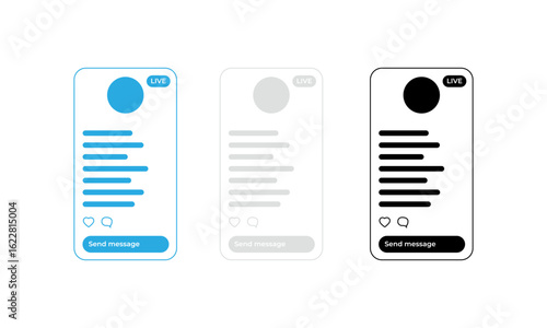 Social media live stream vector interface. Video streaming frame set. Mobile app mockup for video streaming.
