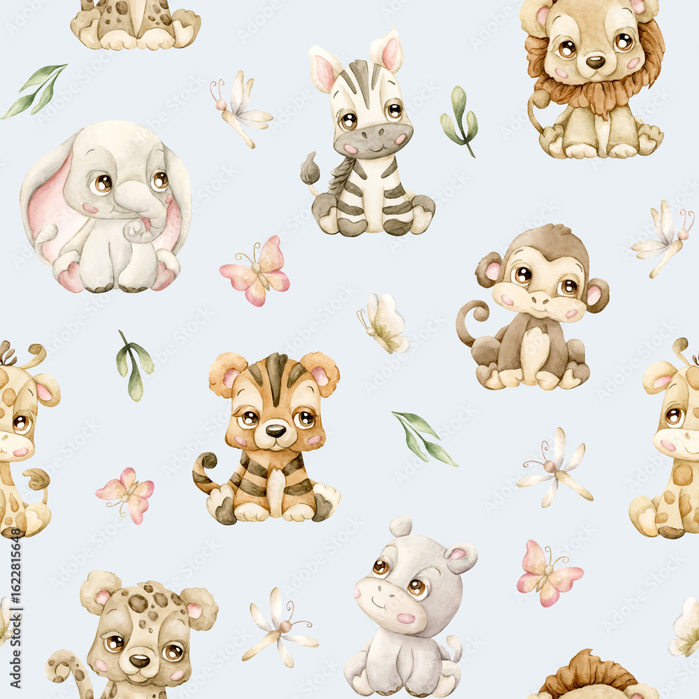 Obraz premium Cute Tropical Animals Insect and Leaves Watercolor hand painted summer seamless pattern on blue background giraffe lion